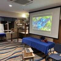 A projector, a display or bird houses, and maps are presented in a meting room.