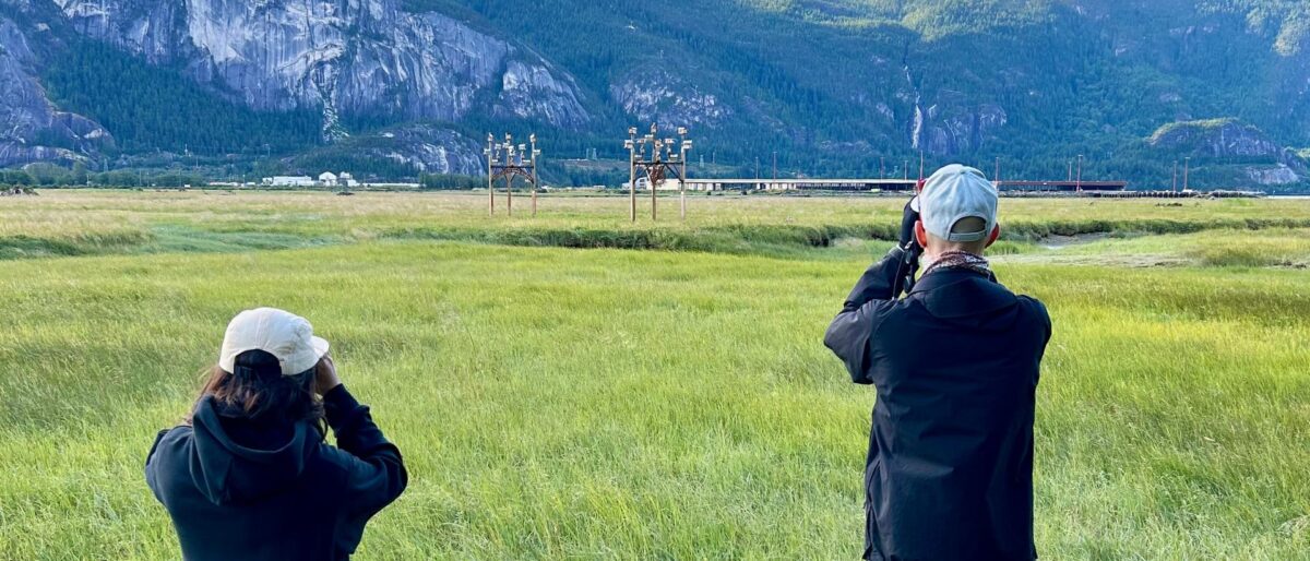 Two people viewing Western purple martins through binoculars in the Squamish Estuary